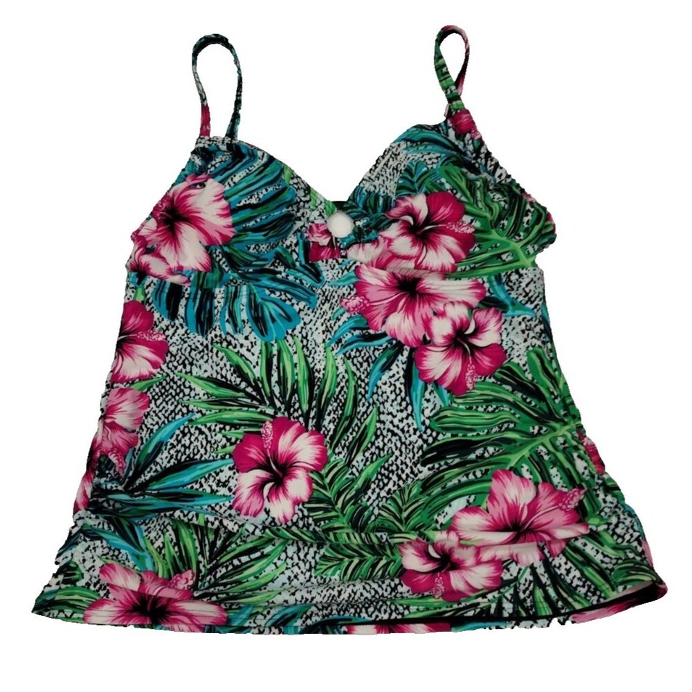 St John's Bay Women's Size 10 Green & Pink Floral Tropical Tankini Swim Top